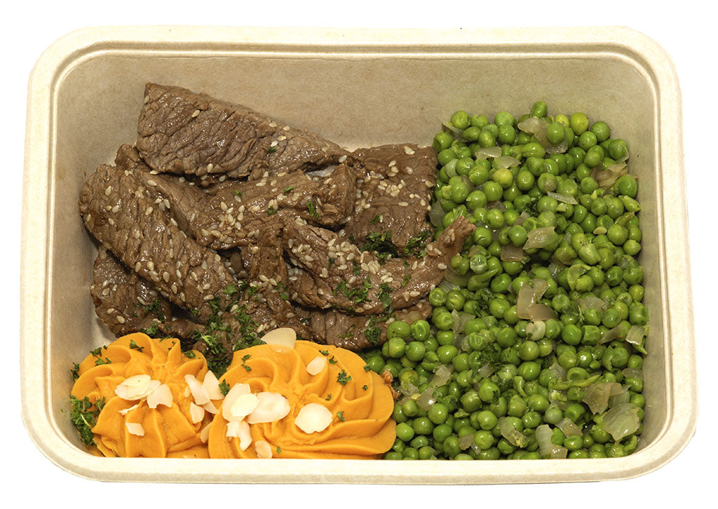 Beef teriyaki met zoete aardappelpuree en erwtjes