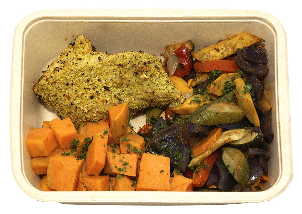 Kabeljauw met zoete aardappel en mediteraanse groenten