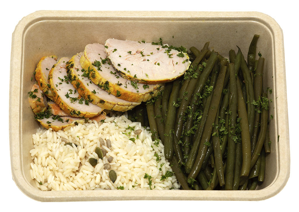 Kalkoenlapje met rijst en sperziebonen