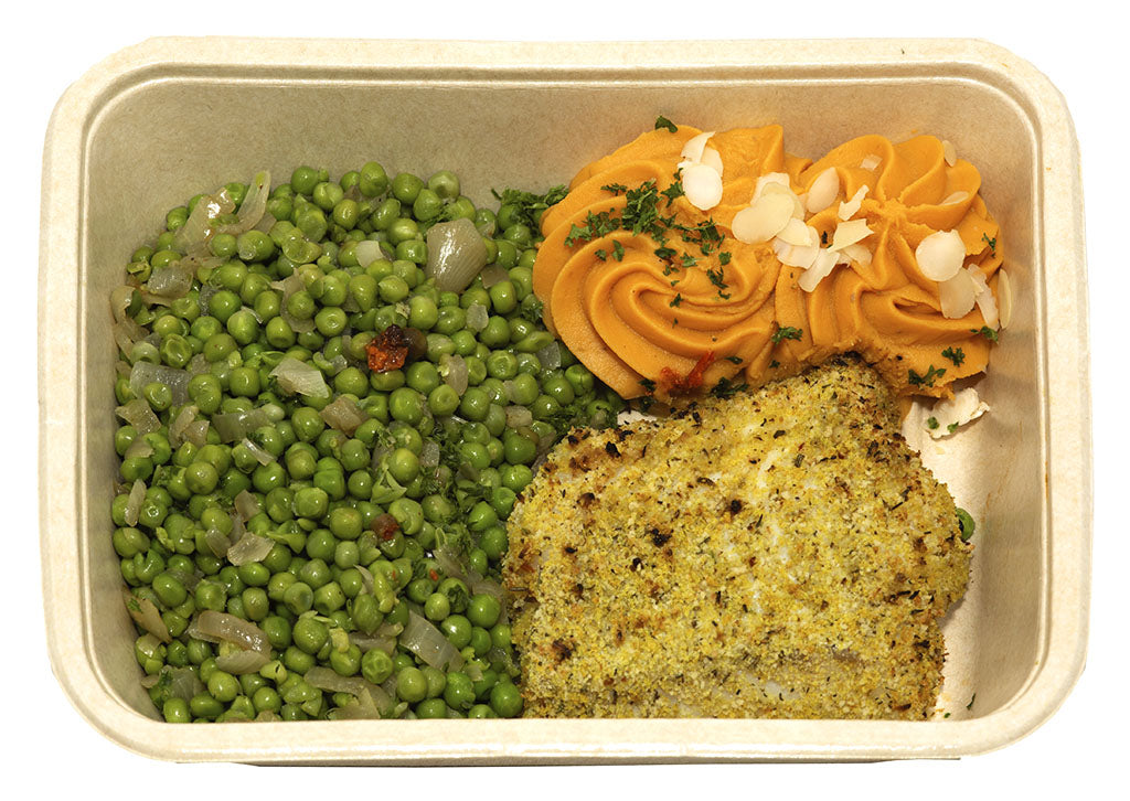 Kabeljauw met zoete aardappel en erwtjes