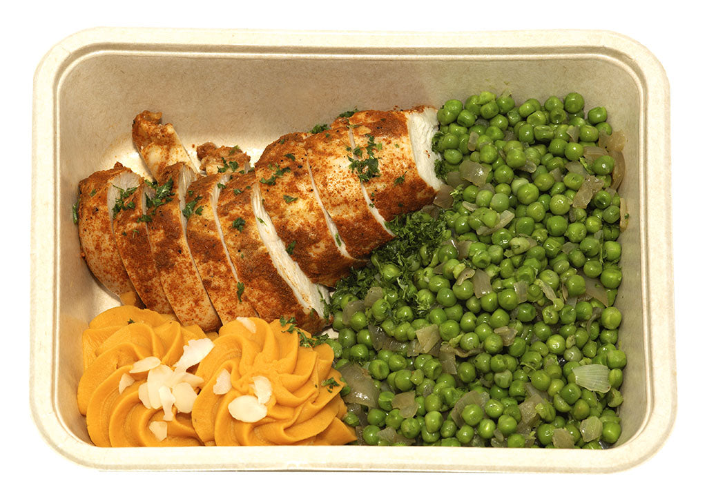 Kip met zoete aardappelpuree en erwtjes