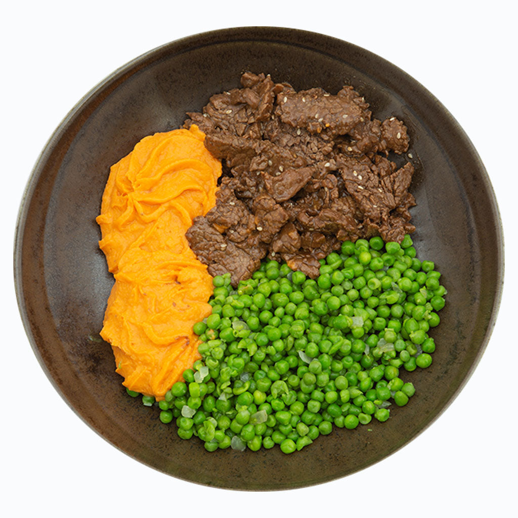 Beef teriyaki met zoete aardappelpuree en erwtjes