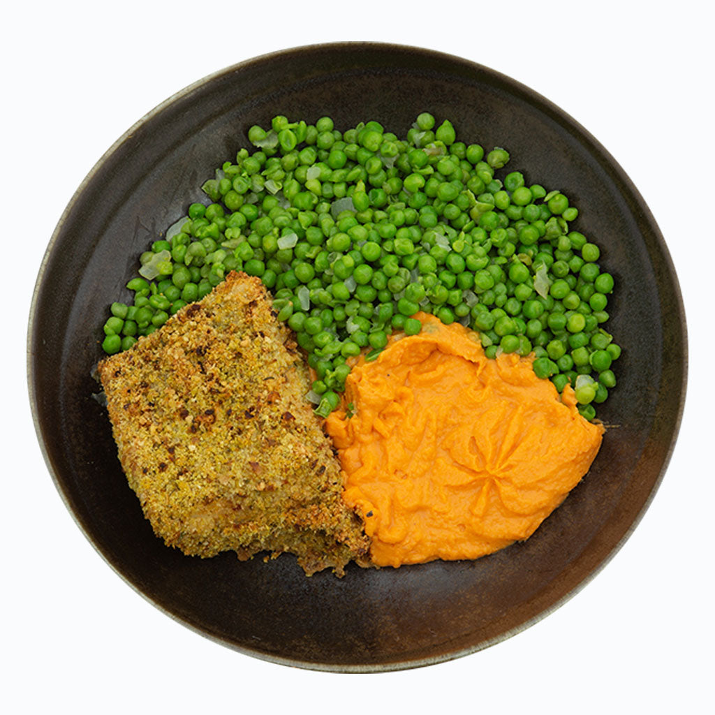 Kabeljauw met zoete aardappel en erwtjes