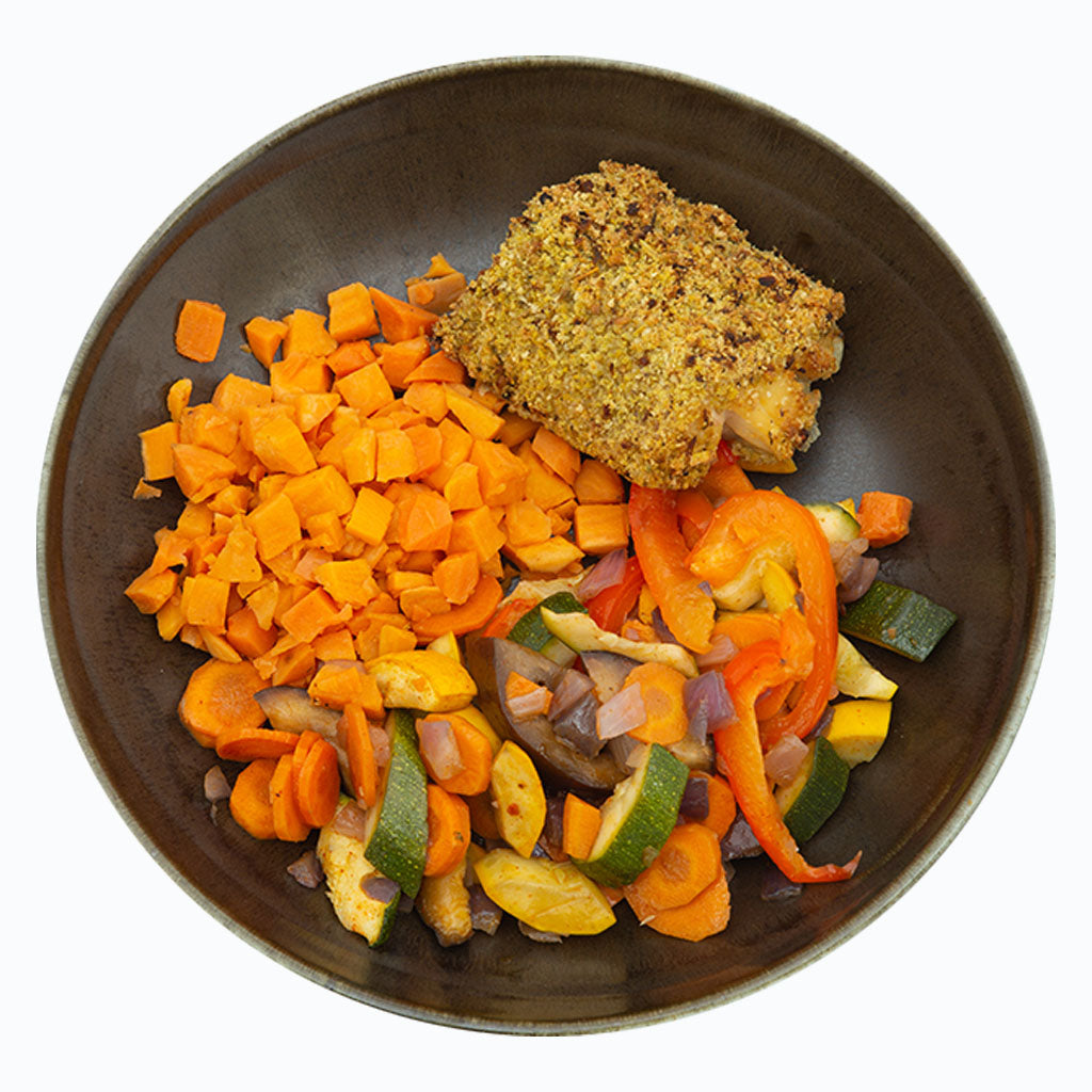 Kabeljauw met zoete aardappel en mediteraanse groenten