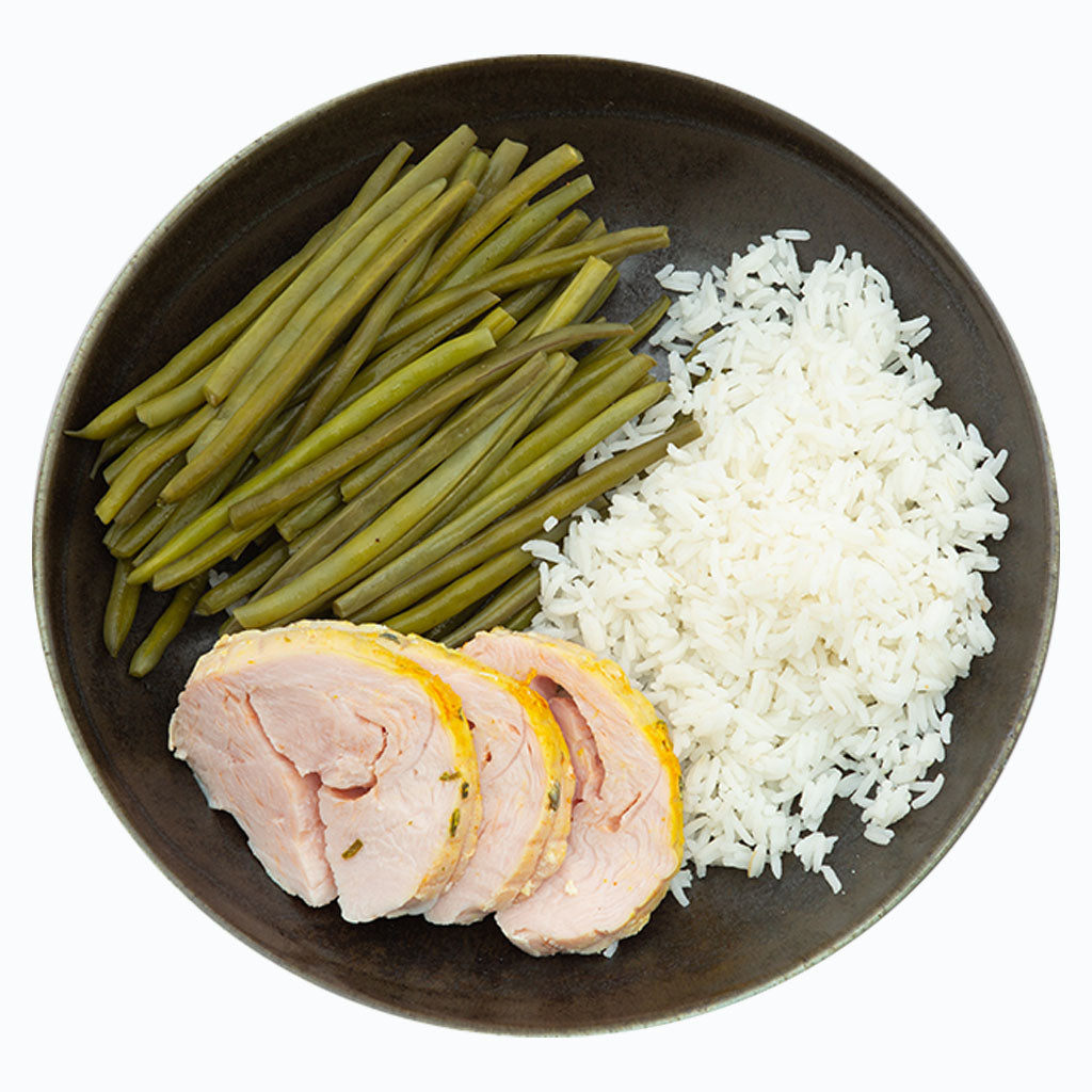 Kalkoenlapje met rijst en sperziebonen